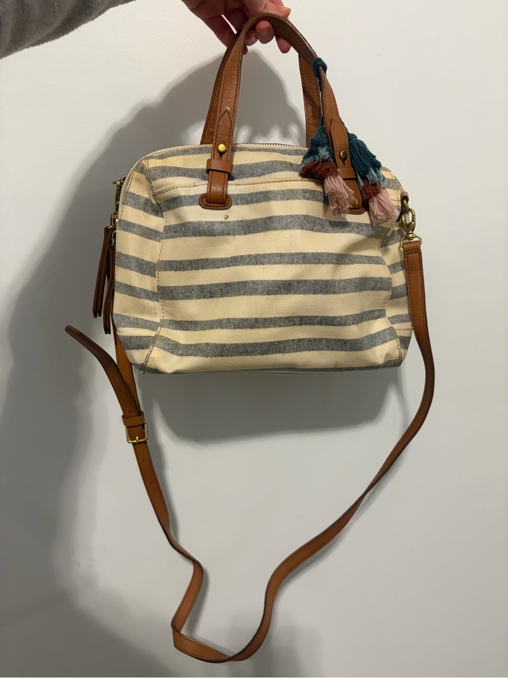 Fossil Cream and Gray Striped Crossbody Satchel